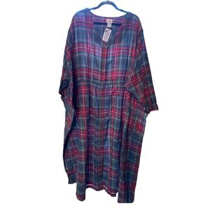 Only Necessities Plaid Lounger Dress Red‎ Blue Button Front Maxi Housecoat NWT